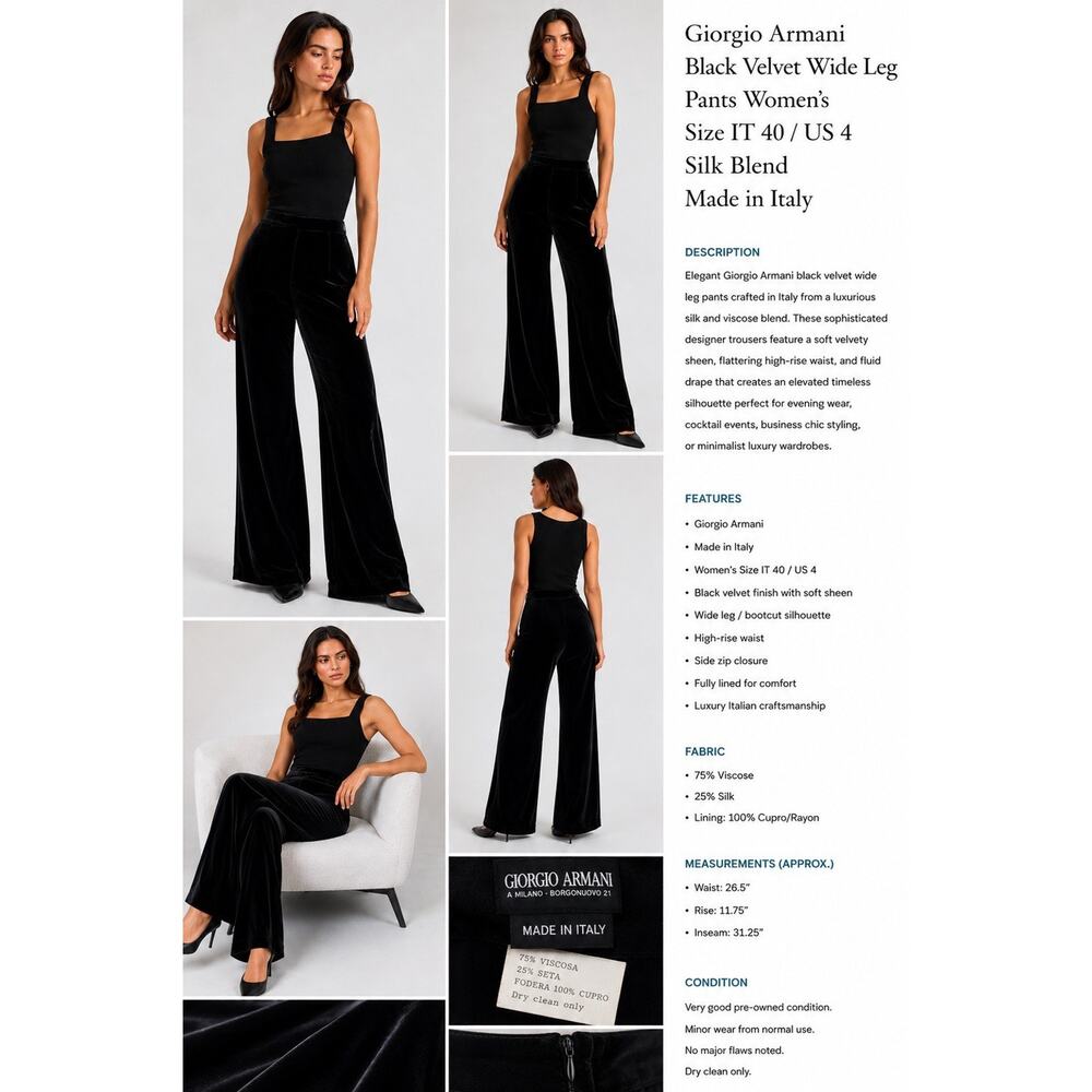 Giorgio Armani Black Velvet Wide Leg Pants Women’s US 4 Silk Blend Made in Italy